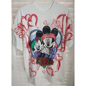 VTG 90s Mickey Minnie Heart All Over Print Single Stitch Disney T Shirt Rare!